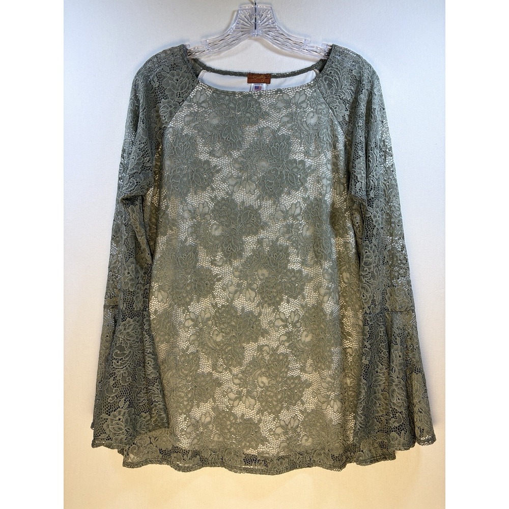 Scully Sage Green Floral Lace Bell Sleeve Blouse Medium Made in USA Western Boho - Picture 3 of 7